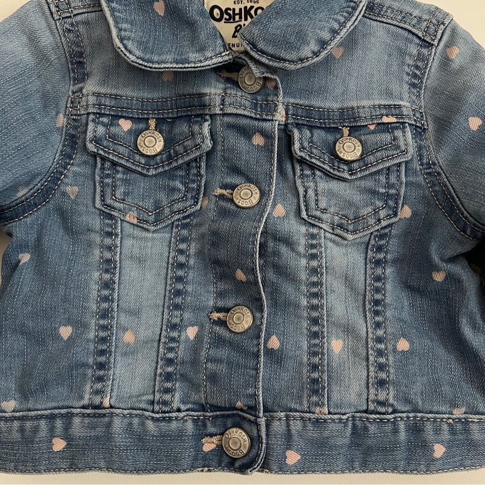 OshKosh B'gosh Pink Heart Blue Denim Jean Jacket-Baby’s Size 12 Months - Picture 2 of 7